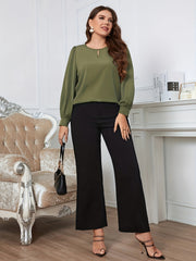  Solid Long Sleeve Keyhole Blouse