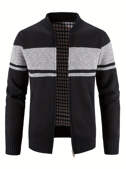 Men's Block Fleece Jacket Baseball Collar Zip Up Knitted Cardigan