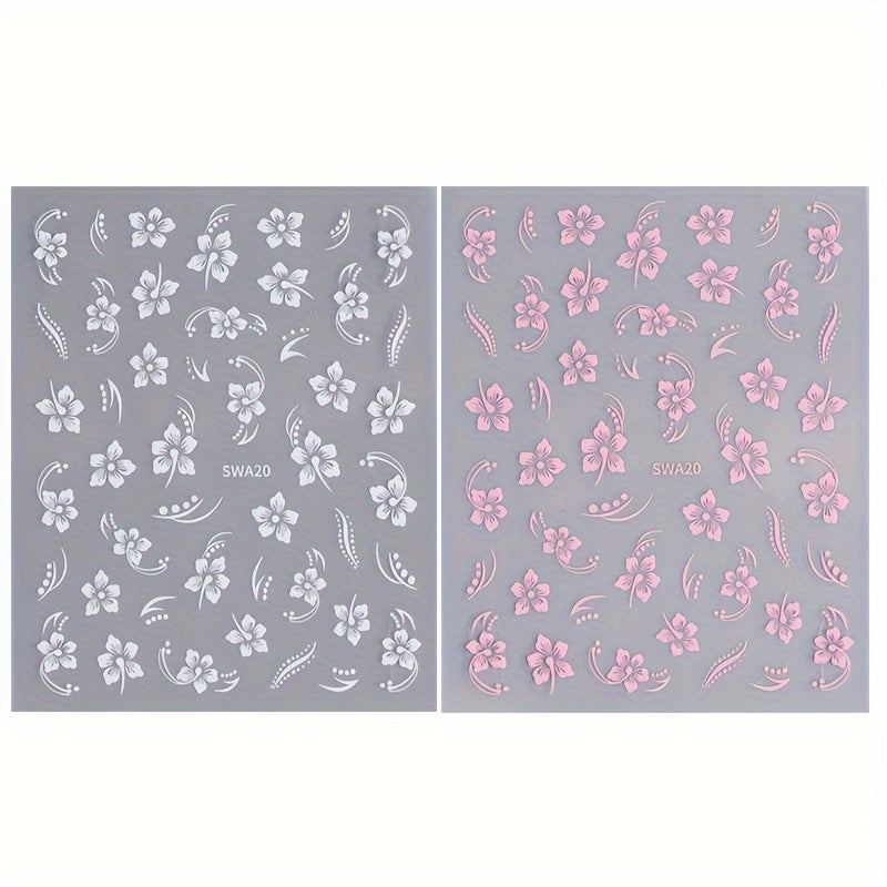 2pcs Hawaiian Floral Nail Art Stickers Pink & Flowers Tropical Leaves & Hibiscus