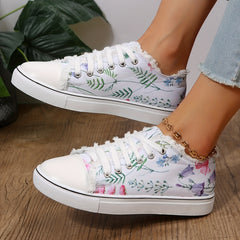 Floral Print Canvas Sneakers Lace Up Round Toe Walking Shoes