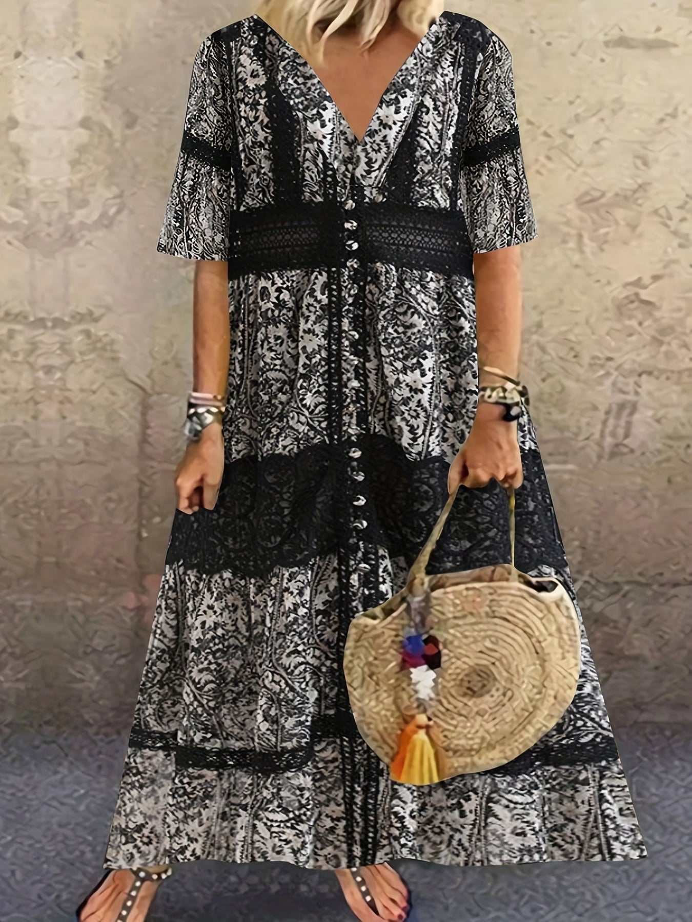  Colorblock Paisley Print V-Neck Dress With Pockets