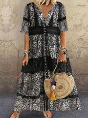  Colorblock Paisley Print V-Neck Dress With Pockets