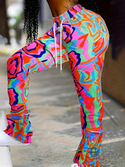 Casual Pants Women's Plus Contrast Print Flared Leg Trousers