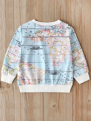 Earth Map Print Boys Casual Pullover Sweatshirt