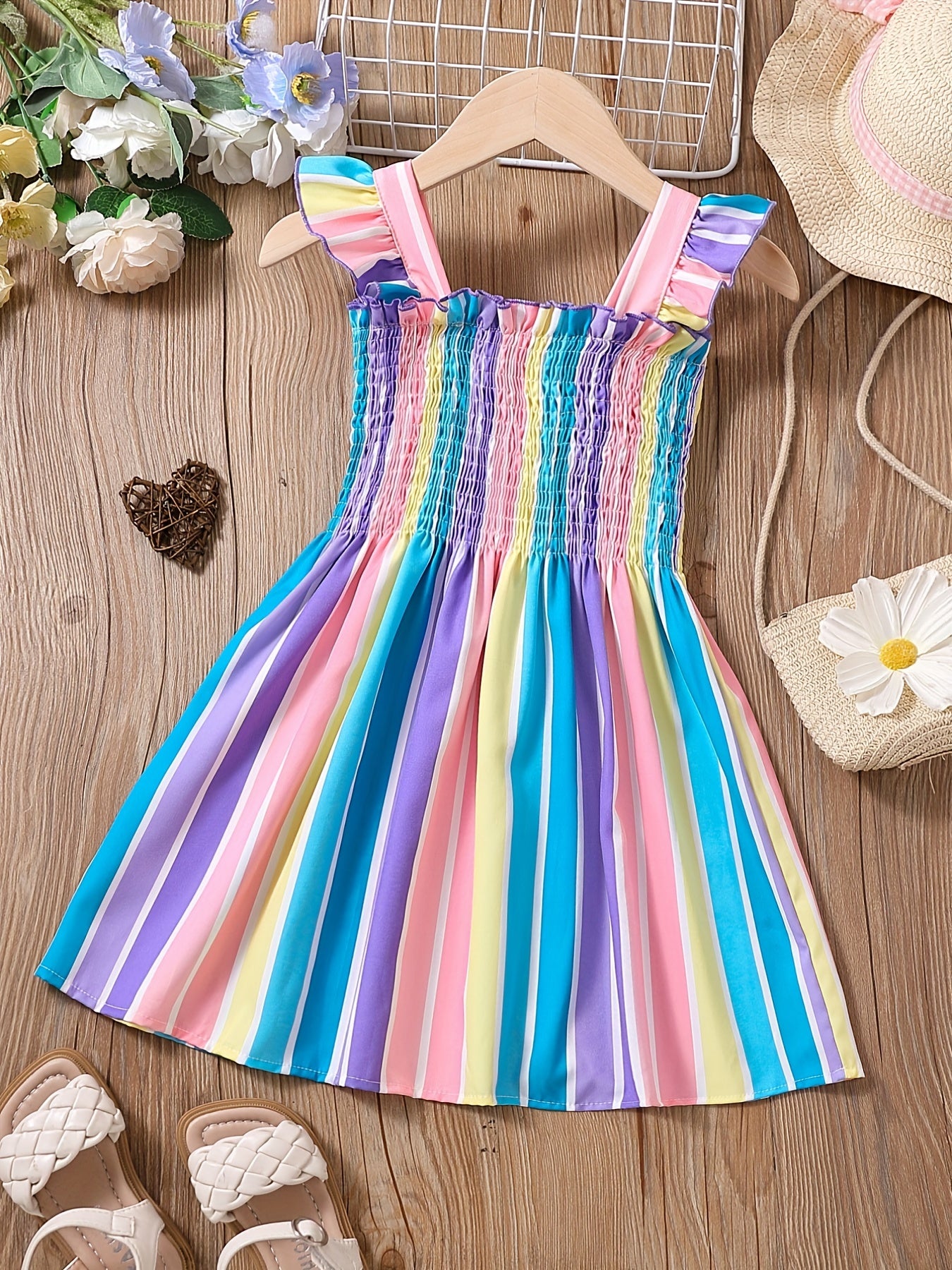 Girls Striped Sleeveless Dress Ruffles Ruched Summer Clothes