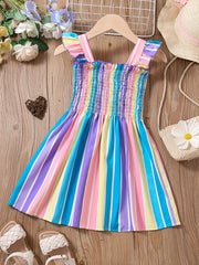 Girls Striped Sleeveless Dress Ruffles Ruched Summer Clothes