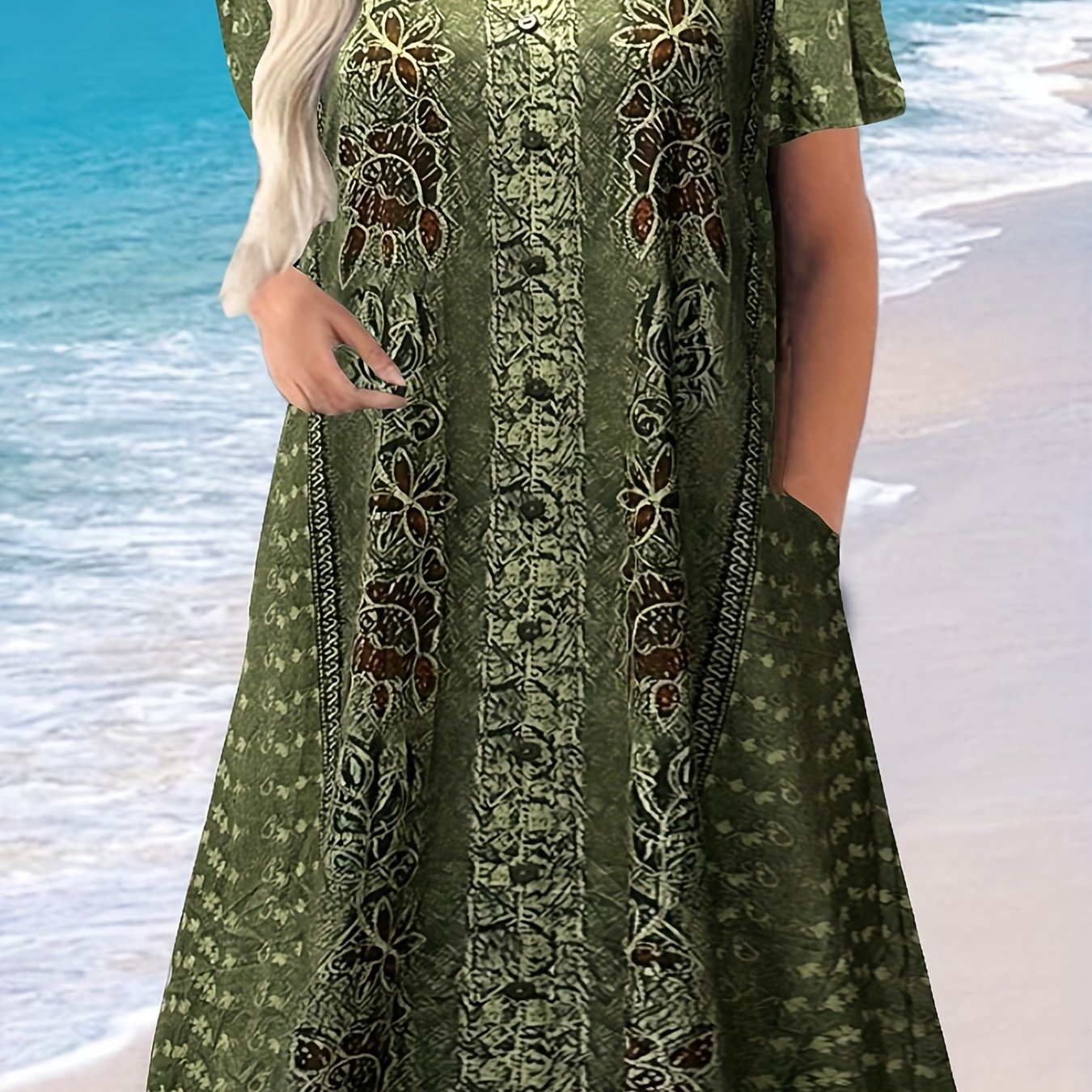 Floral Print Button Boho Dress with Pockets