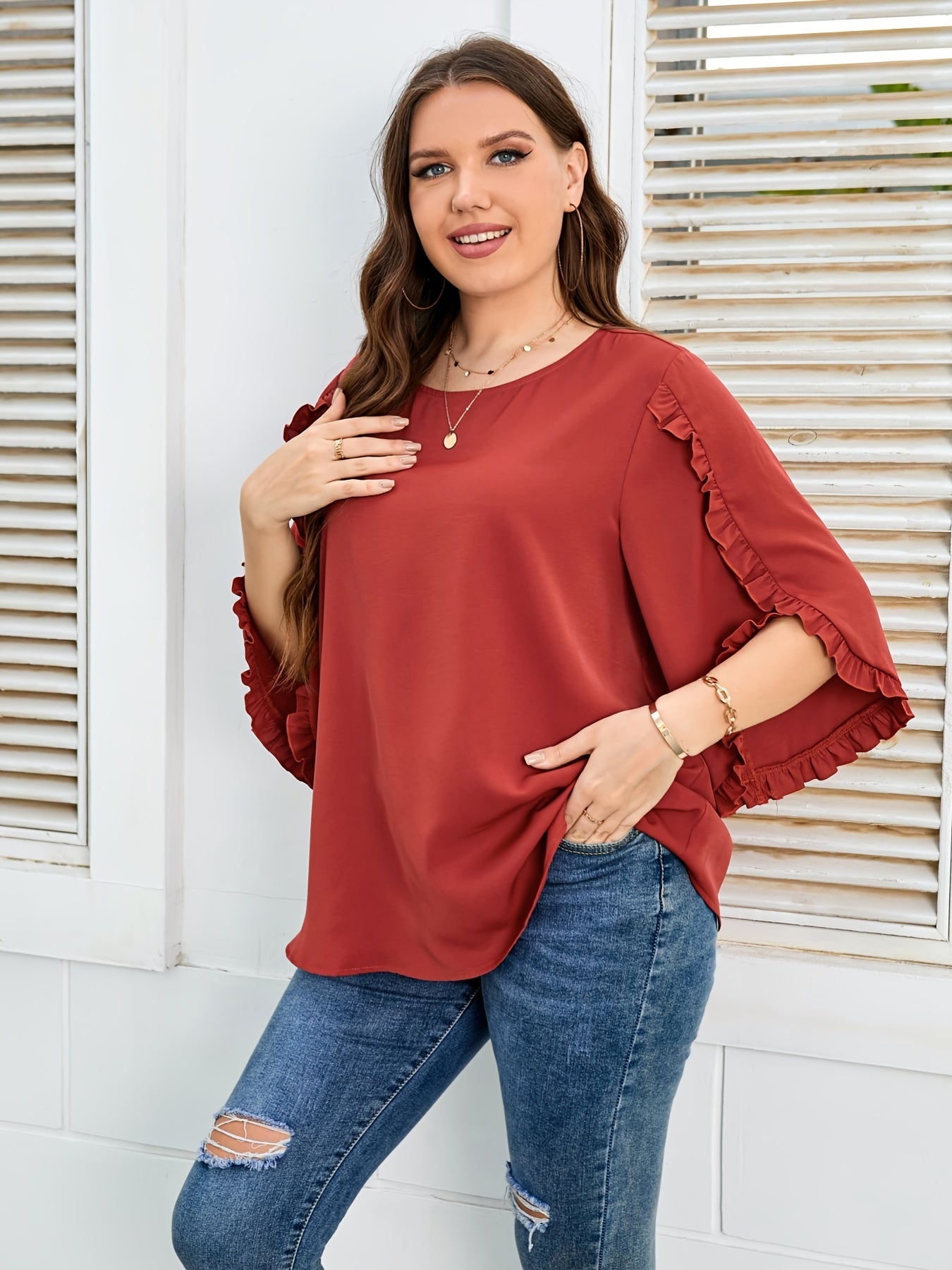  Ruffle Trim Long Sleeve Top Women's Plus Round Neck T-Shirt