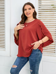  Ruffle Trim Long Sleeve Top Women's Plus Round Neck T-Shirt