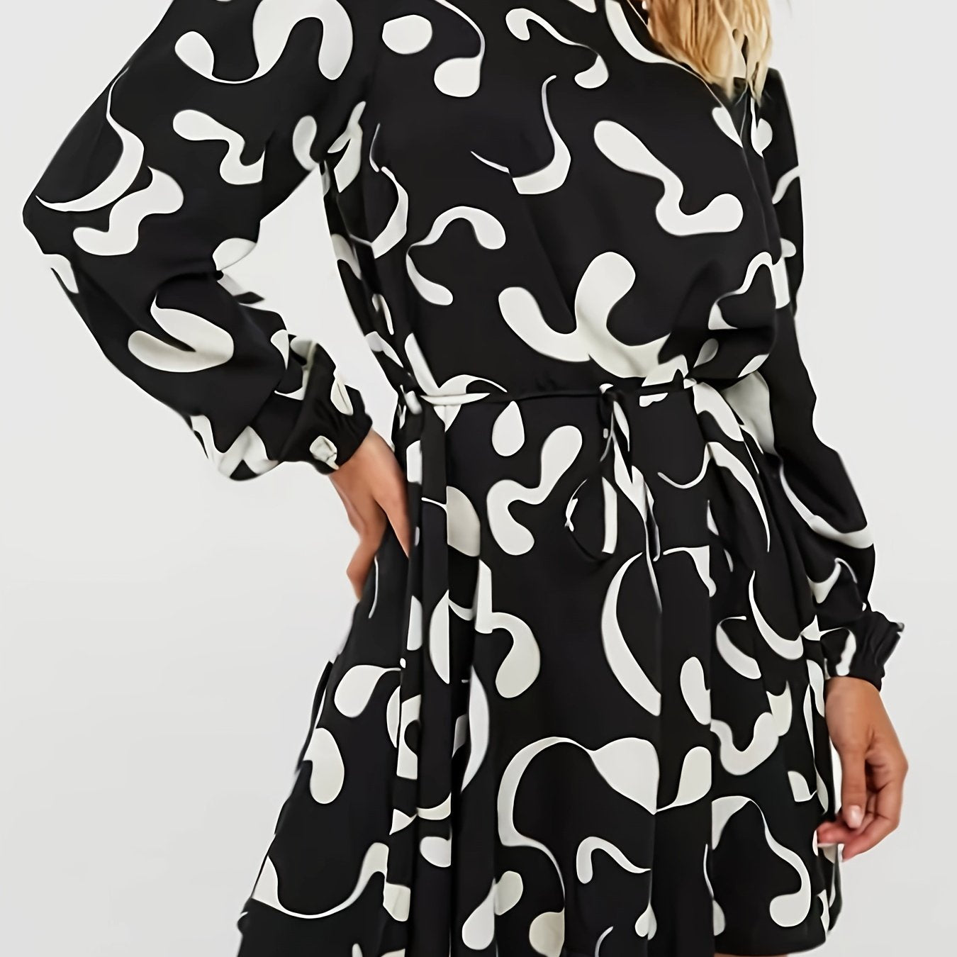  Graffiti Print Long Sleeve Mini Dress With Belt