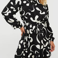 Graffiti Print Long Sleeve Mini Dress With Belt