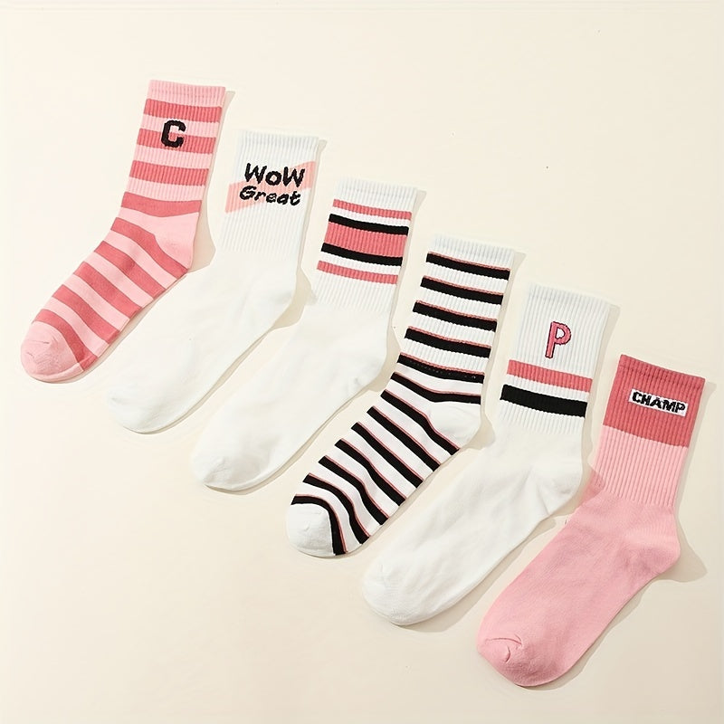 6 Pairs Striped Crew Socks College Style Women's Stockings