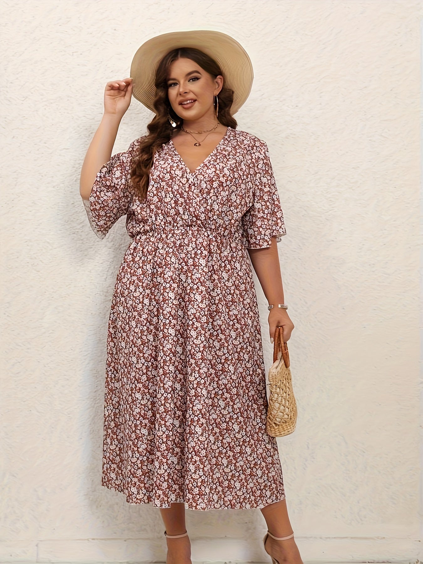  Floral Print Surplice Neck Flutter Dress
