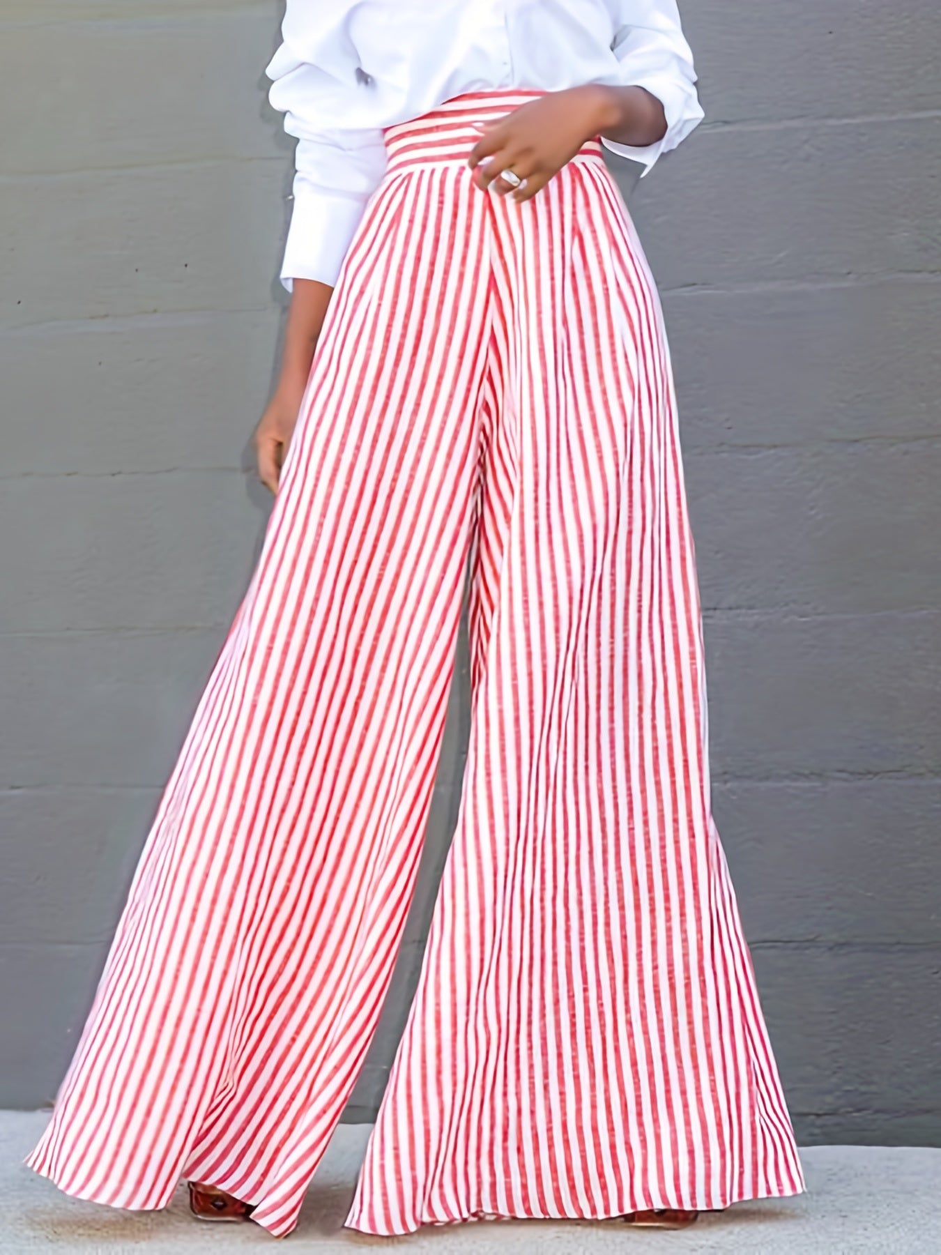  Stripe Print High Rise Wide Leg Trousers