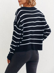 Striped Print Drop Shoulder Knit Sweater Casual V Neck Long Sleeve Sweater