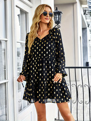  Mini Dress Golden Dot Print Lantern Sleeve