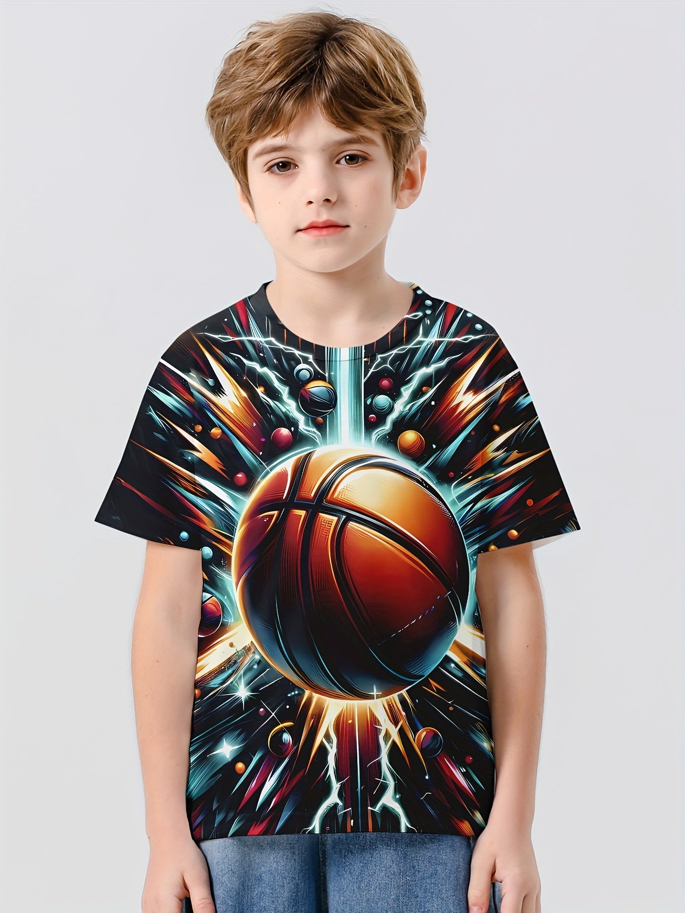 Boy's Basketball Print Casual Tee Short Sleeve Crew Neck T-shirt