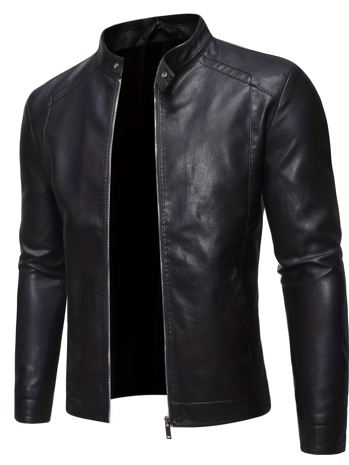 PU Biker Jacket Men's Casual Zip Up Faux Leather Jacket For Fall Winter