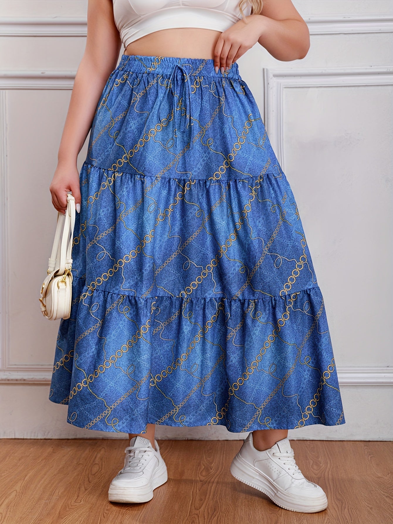  Casual Skirt Chain & Denim Print Drawstring Smock Maxi Skirt