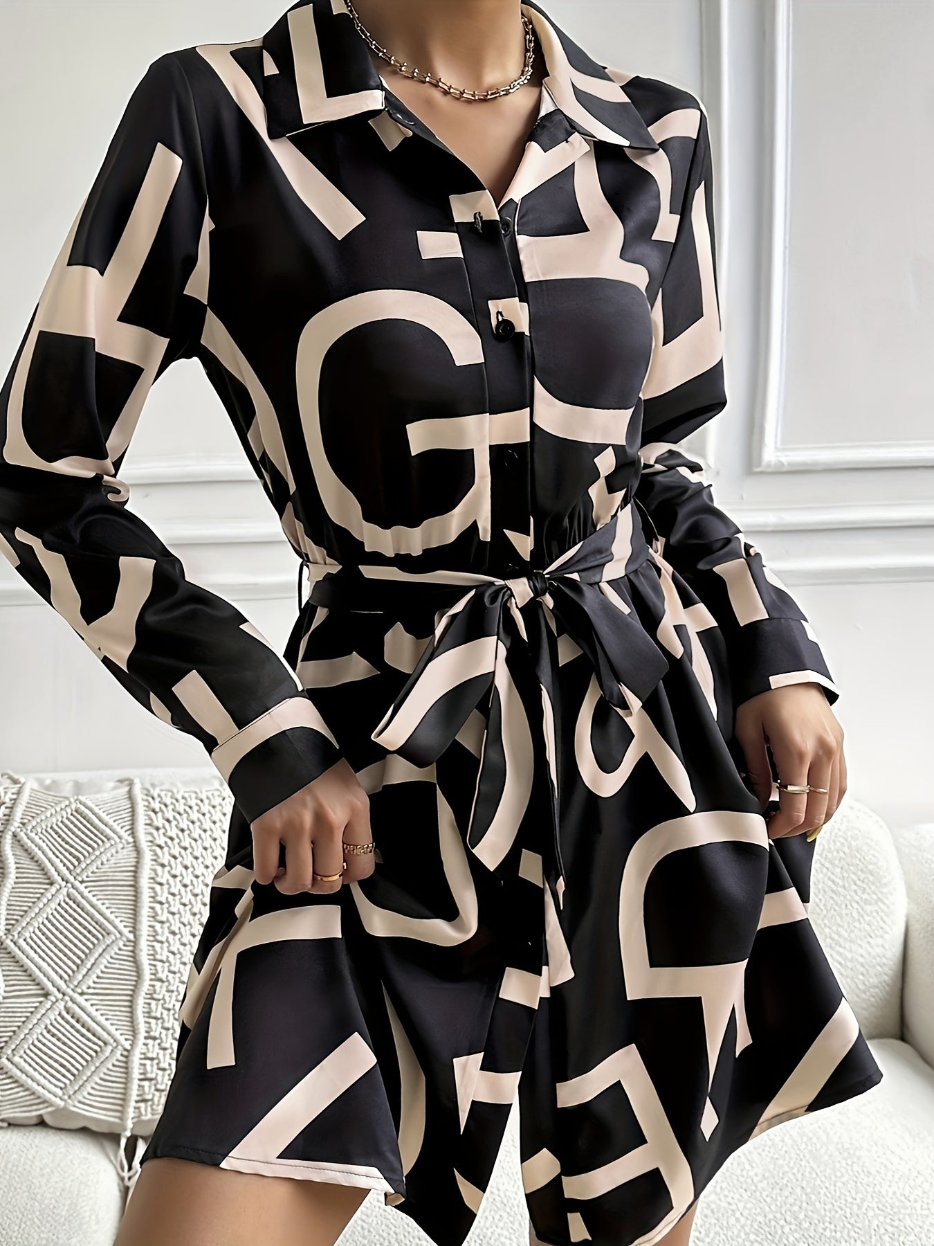  Women's Shirt Dress Letter Print Button Up Long Sleeve