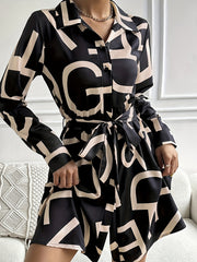  Women's Shirt Dress Letter Print Button Up Long Sleeve