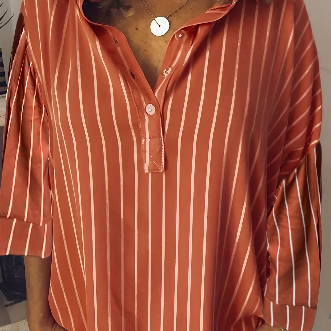  Stripe Print Long Sleeve Polo Neck Blouse