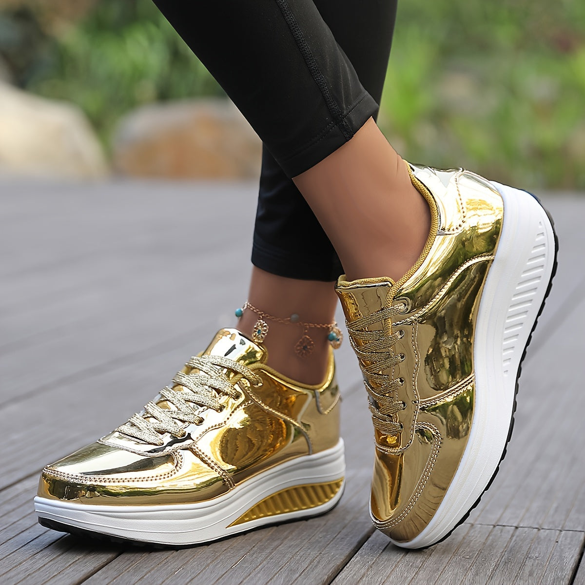 Metallic Lace-up Wedge Sneakers Low Walking Shoes