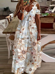  Floral Print Lace Panel Maxi Dress