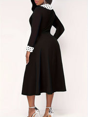  Retro Dress Colorblock Dot Print V Neck A line Midi Dress
