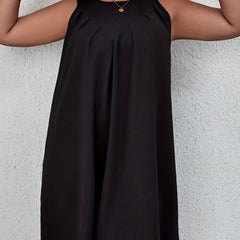  Solid Pleated Round Neck Mini Tank Dress