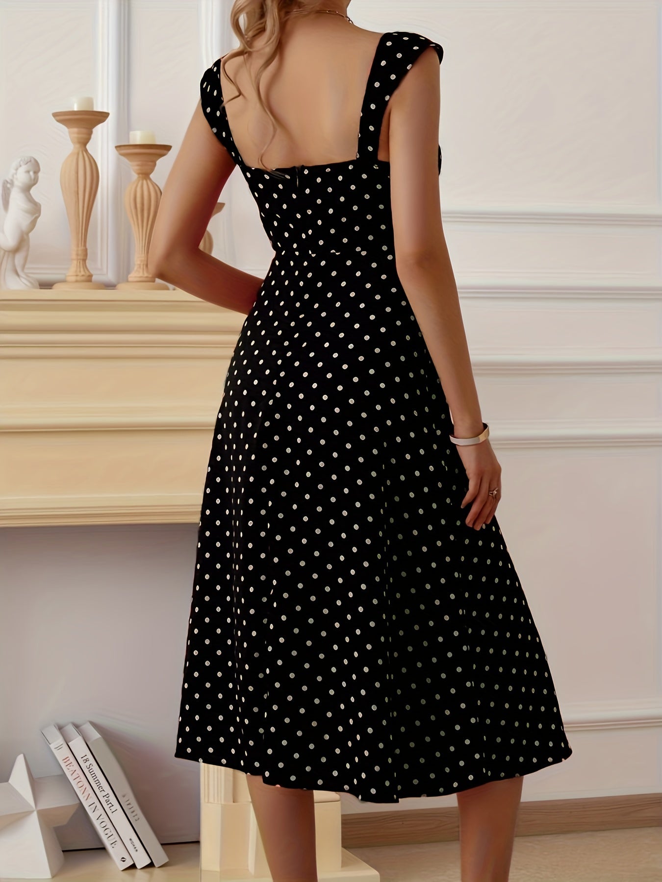 Polka Dot Split Thigh Dress Ruched Thick Strap Sexy Women's Clothing