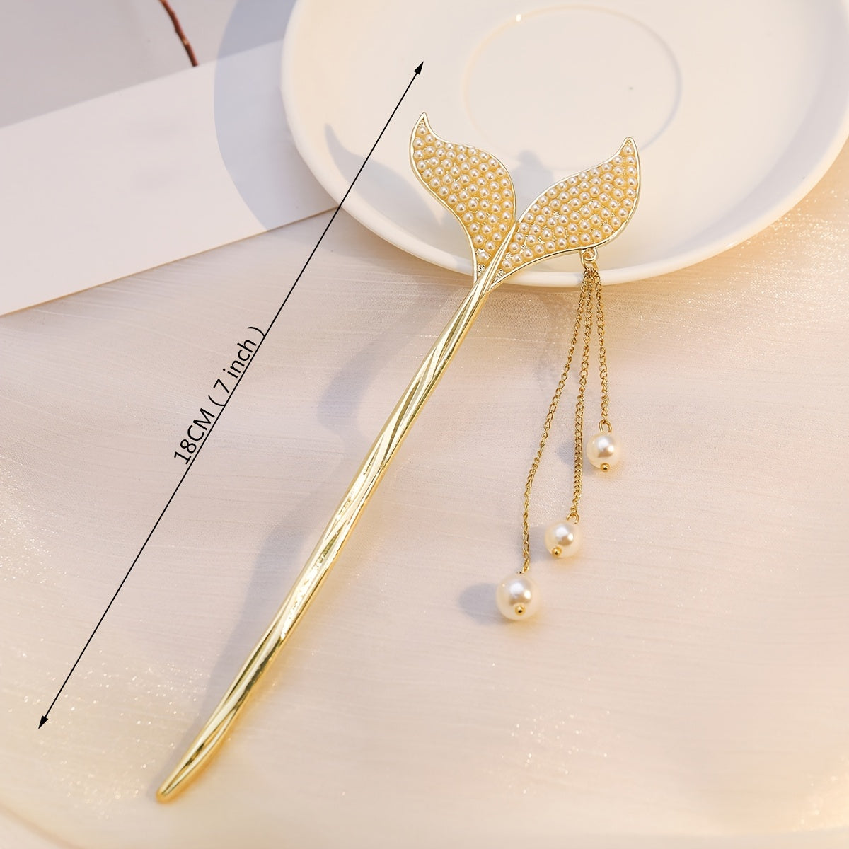 Fishtail Tassel Hair Pin Faux Pearl Rhinestone Golden Cheongsam Chignon Pins