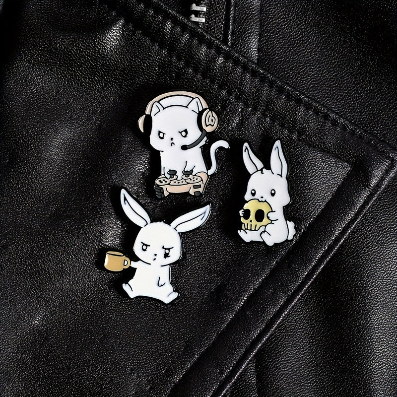 Rabbit Cat Enamel Pins Eating Skull Drink Play Games Cartoon Brooches