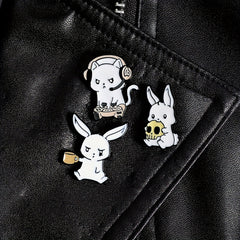 Rabbit Cat Enamel Pins Eating Skull Drink Play Games Cartoon Brooches