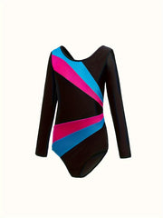 Girls Colorblock Long Sleeve Ballet Leotard Dance Jumpsuit