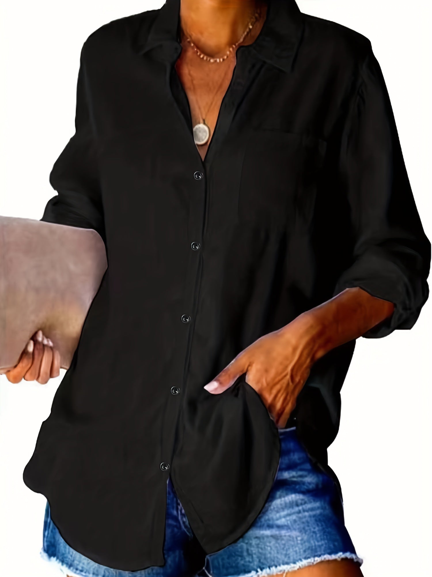  Basic Blouse Women's Plus Solid Button Up Roll Up Sleeve