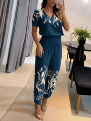 Leaf Print Top & Pants Outfits Set Women's Plus Two Piece Set