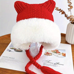 Warm Knit Beanie with Cat Ears and Tassels