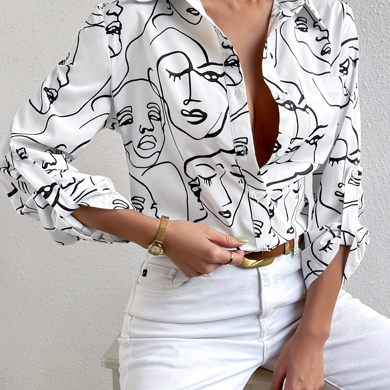  Abstract Figure Print Button Up Long Sleeve Blouse