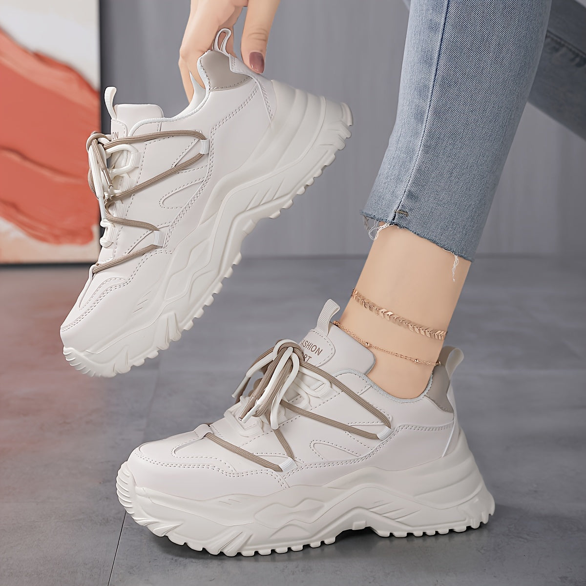 Women's Faux Leather Chunky Sneakers Casual Lightweight Running Shoes