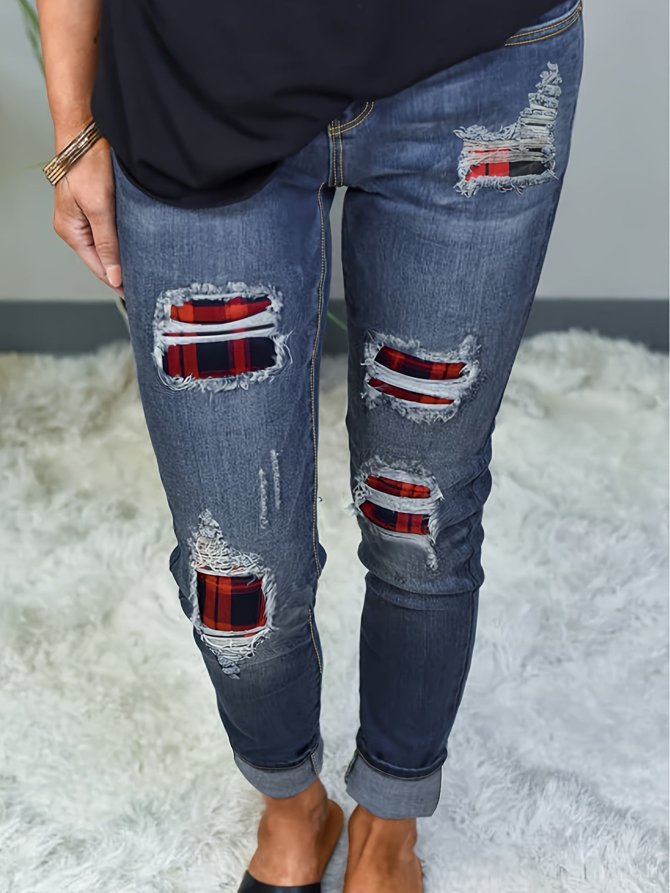  Colorblock Plaid Print Ripped Button Fly Jeans