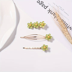 3pcs Green Flower Hair Clips Set All Match Bobby Hair Pins Hair Accessories