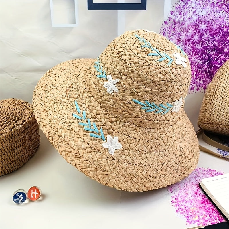 Vintage Flower Embroidery Khaki Bucket Hat Sun Hat