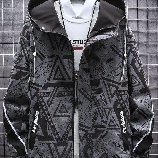 Geometric Pattern Hooded Windbreaker Jacket Men's Zip Up Jacket