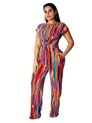  Striped Short Sleeve Crop Top & Pants Outfits Set