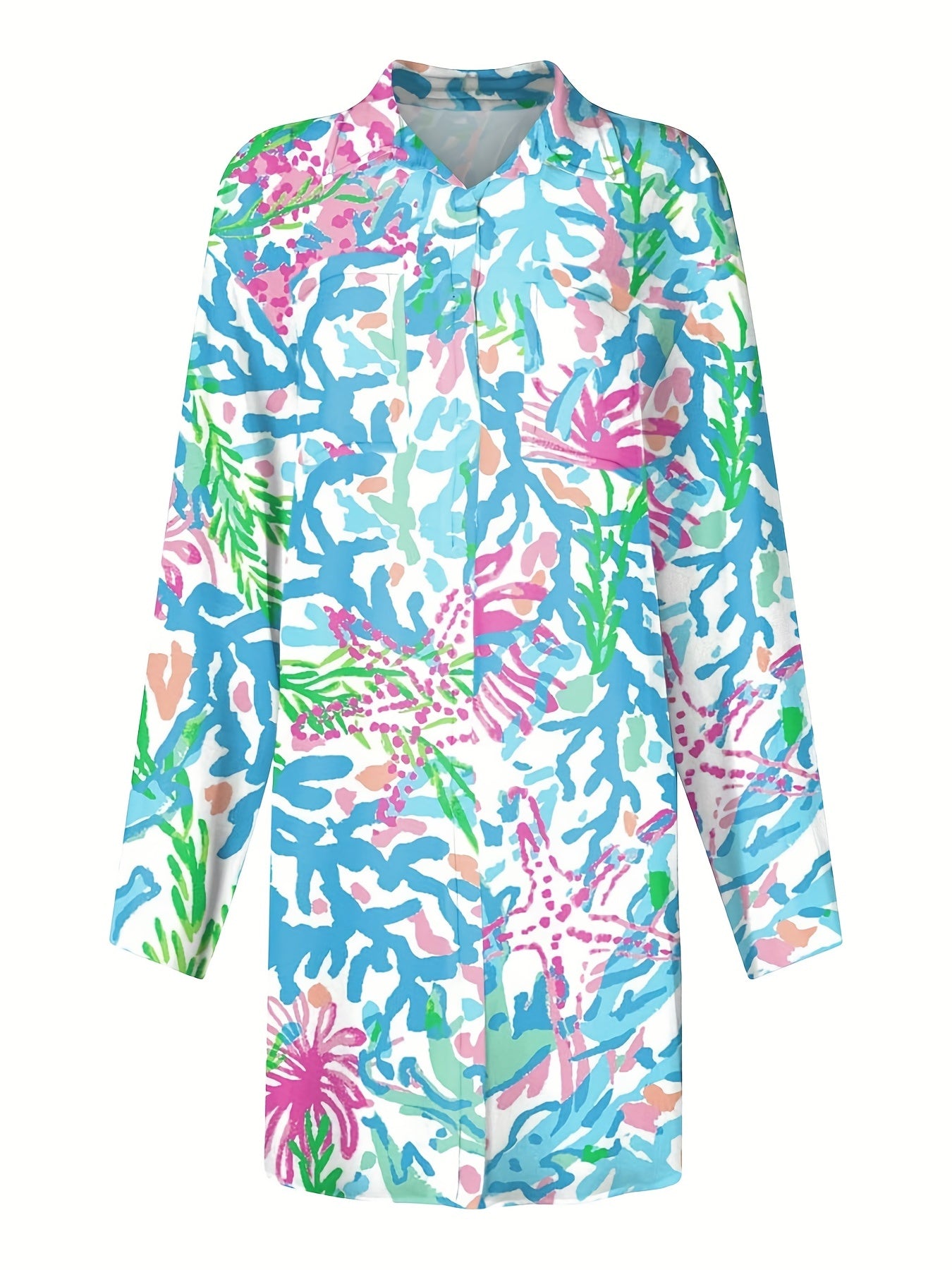  Abstract Print Button Up Long Sleeve Shirt Dress
