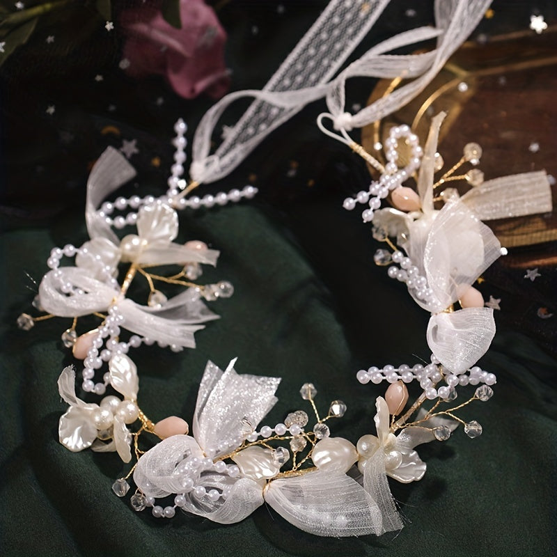 Faux Pearl Bridal Headband with Mesh Streamer Wedding Hair Accessory