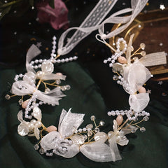 Faux Pearl Bridal Headband with Mesh Streamer Wedding Hair Accessory