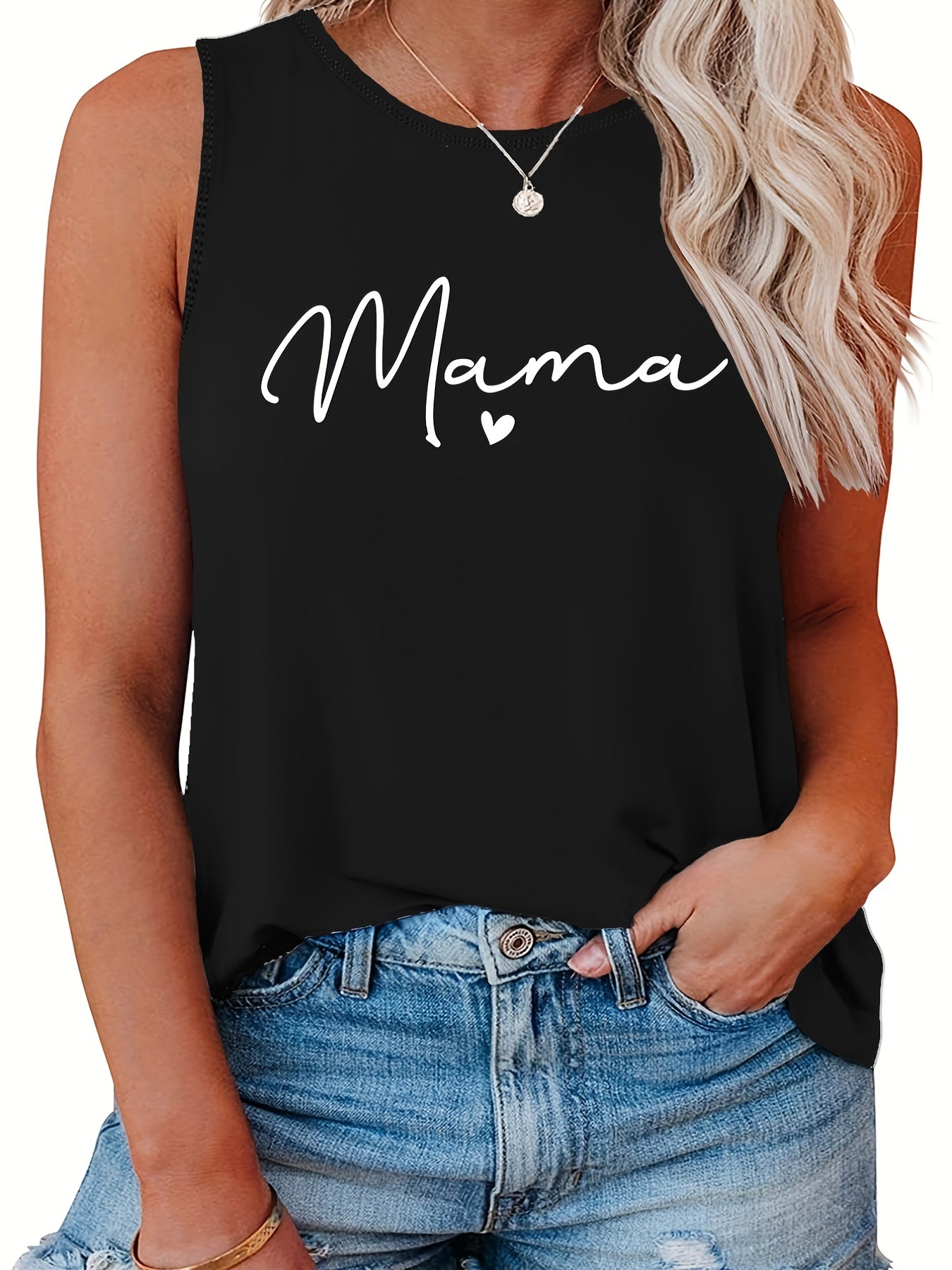  Mother's Casual Tank Top Women's Plus Letter Print Round Neck Tank Top