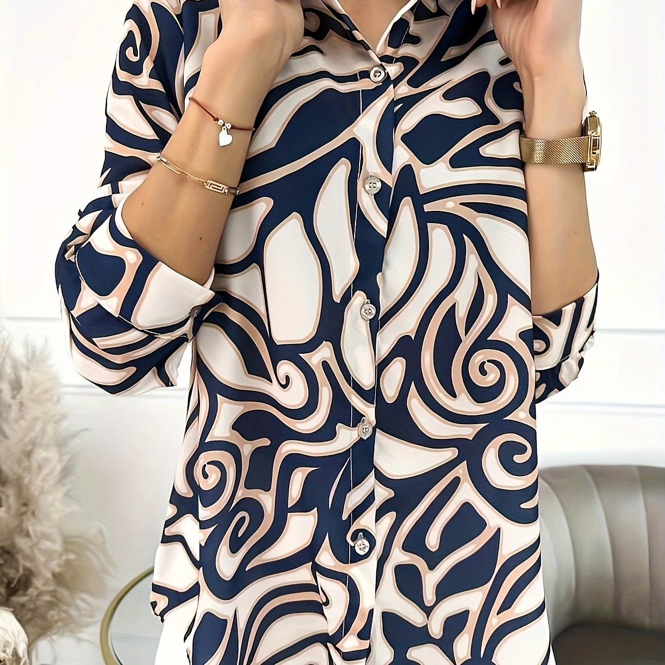  Abstract Stripe Print Long Sleeve Shirt Top